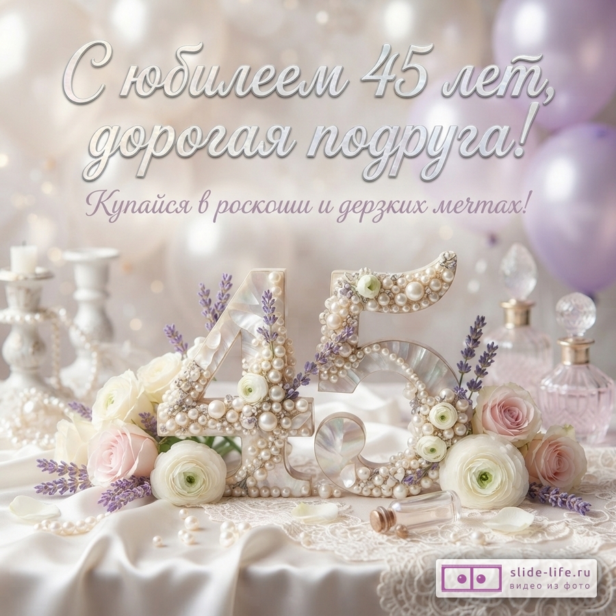 Открытка с бежевым фоном, белыми и сиреневыми воздушными шарами. В центре композиция из цифр «45», украшенных жемчугом и цветами. Текст: «С юбилеем 45 лет, дорогая подруга! Купайся в роскоши и дерзких мечтах!»