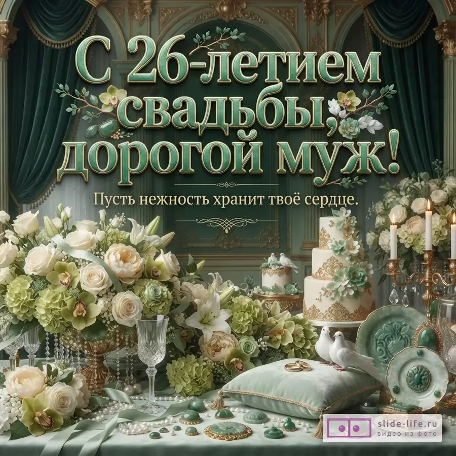 Зеленый фон, крупный золотистый текст «С 26-летием свадьбы, дорогой муж!», ниже надпись «Пусть нежность хранит твоё сердце.», цветы и свечи.