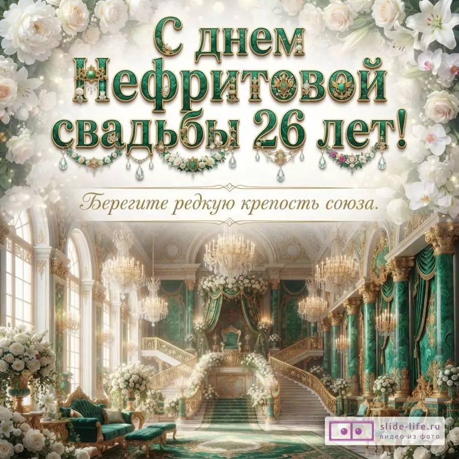 Дворцовый зал с малахитовыми колоннами, белыми цветами и надписью «С днем Нефритовой свадьбы 26 лет! Берегите редкую крепость союза.»