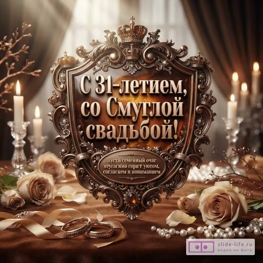 Коричнево-золотая открытка с декоративной рамкой, свечами, розами, кольцами и жемчугом. Текст: «С 31-летием, со Смуглой свадьбой! Пусть семейный очаг неугасимо горит уютом, согласием и пониманием.»