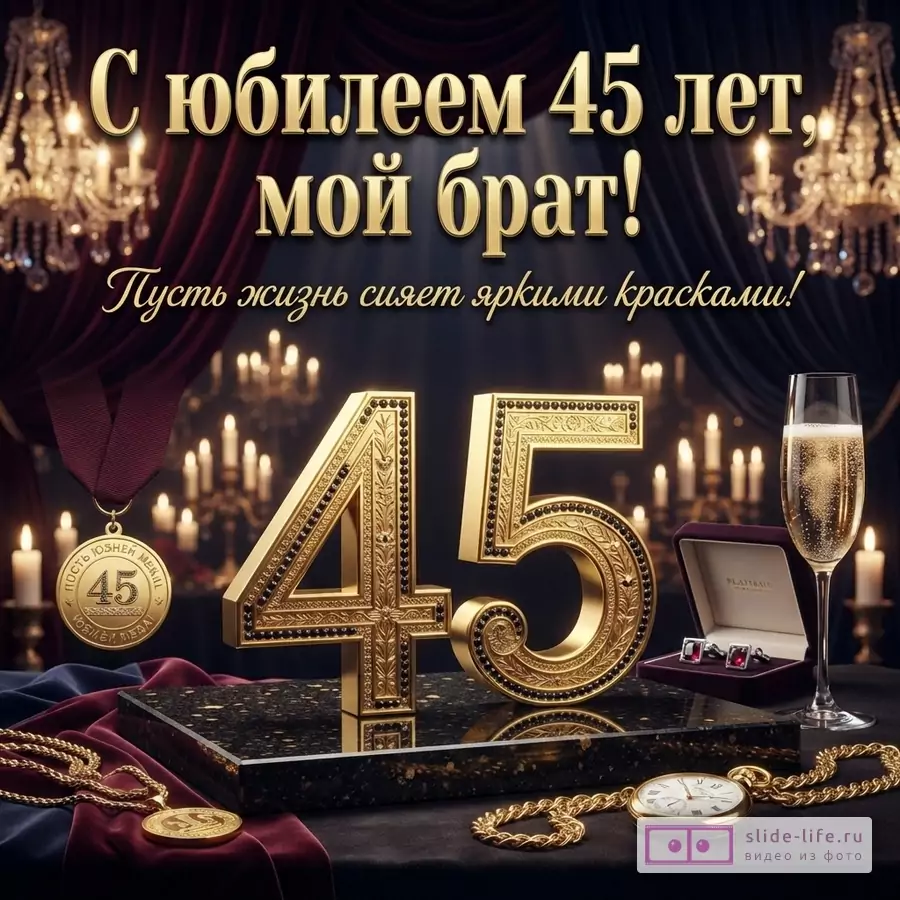 Золотые цифры «45» на черном мраморном постаменте, бокал шампанского, медаль, запонки в бархатной коробке, золотая цепочка, карманные часы, красные и синие драпировки, свечи на заднем плане. Текст: «С юбилеем 45 лет, мой брат! Пусть жизнь сияет яркими красками!»