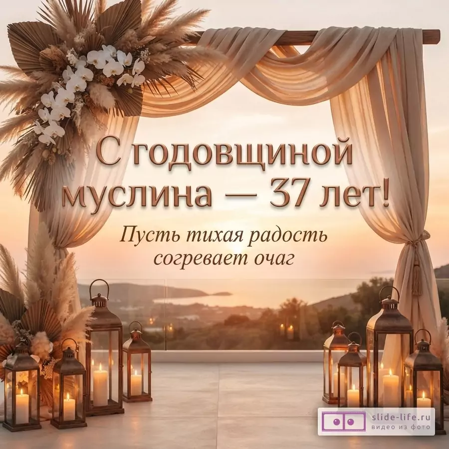Арка, украшенная бежевой тканью, сухими цветами и белыми орхидеями, на фоне заката. На переднем плане четыре фонаря со свечами. Текст: «С годовщиной муслина — 37 лет! Пусть тихая радость согревает очаг»