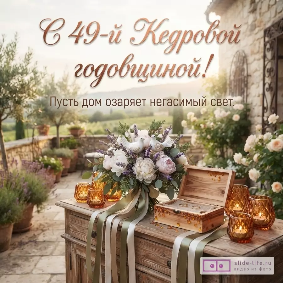 Открытка с бежевым фоном, на переднем плане деревянный стол с букетом цветов, шкатулкой и подсвечниками. Текст: «С 49-й Кедровой годовщиной! Пусть дом озаряет негасимый свет.»