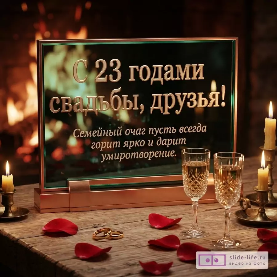 Открытка с текстом «С 23 годами свадьбы, друзья! Семейный очаг пусть всегда горит ярко и дарит умиротворение.» На тёмном фоне рамка, свечи, бокалы, кольца и лепестки роз.