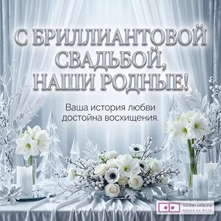 серебристо-белый фон с драпировкой, белые цветы, свечи, стеклянные декоративные елки и зимняя композиция, текст «С БРИЛЛИАНТОВОЙ СВАДЬБОЙ, НАШИ РОДНЫЕ! Ваша история любви достойна восхищения.»