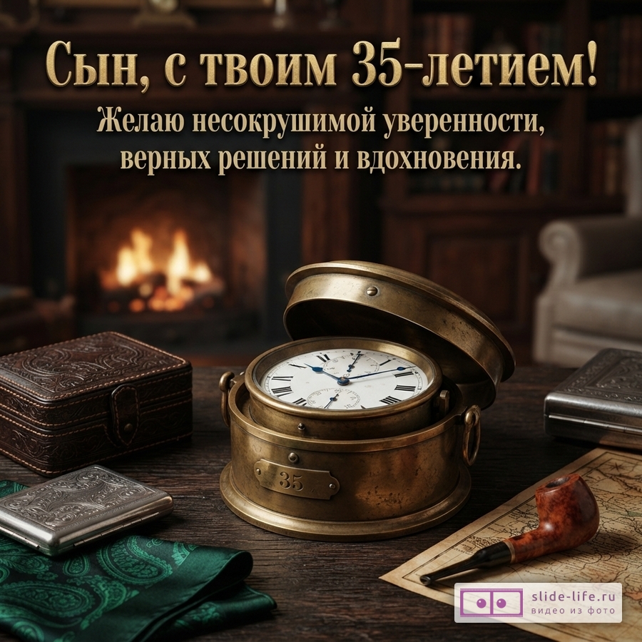 Винтажные латунные часы, трубка и карта на деревянном столе у камина с текстом «Сын, с твоим 35-летием! Желаю несокрушимой уверенности, верных решений и вдохновения.»