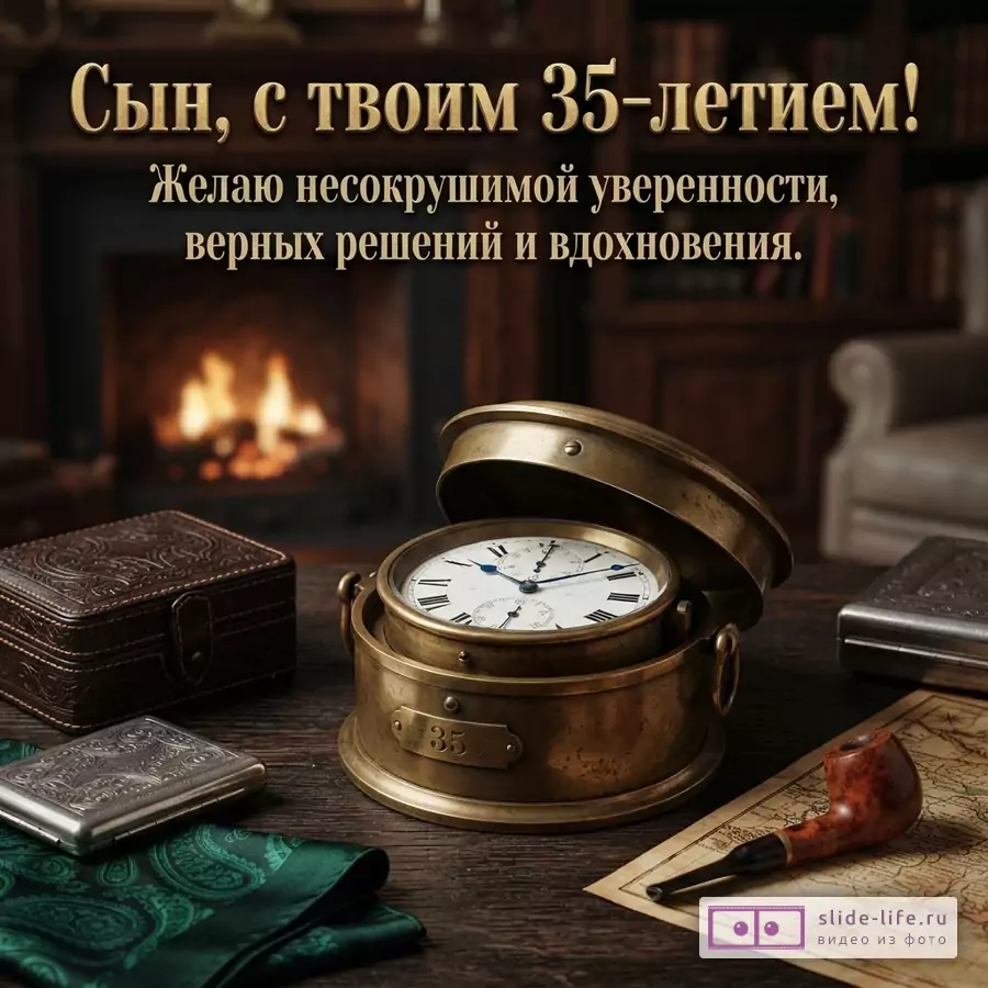 Винтажные латунные часы, трубка и карта на деревянном столе у камина с текстом «Сын, с твоим 35-летием! Желаю несокрушимой уверенности, верных решений и вдохновения.»