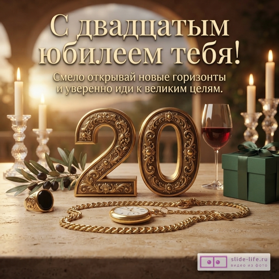 Объемная золотая цифра 20, карманные часы на цепочке, бокал вина, свечи и надпись «С двадцатым юбилеем тебя! Смело открывай новые горизонты и уверенно иди к великим целям.»