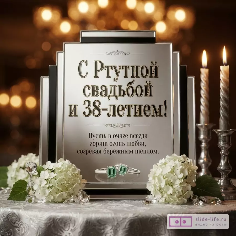 Открытка с надписью «С Ртутной свадьбой и 38-летием! Пусть в очаге всегда горит огонь любви, согревая бережным теплом.» на серебристой табличке, на переднем плане белые цветы гортензии, кольцо с изумрудами, свечи, фон размытые огни.