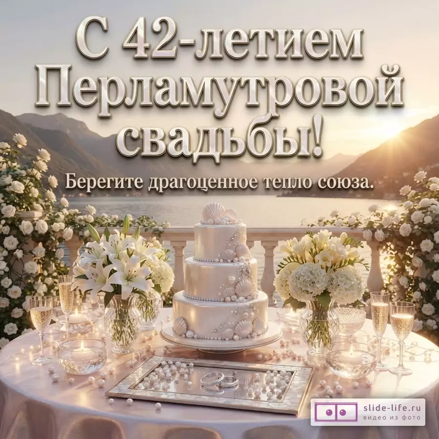 Фон с горами, морем и закатом. На переднем плане стол с белой скатертью, на нем трехъярусный торт, цветы, свечи, бокалы с шампанским, жемчуг, обручальные кольца. Текст: «С 42-летием Перламутровой свадьбы! Берегите драгоценное тепло союза.»