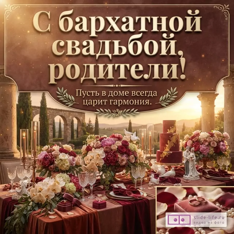 Золотисто-бордовая открытка с декором стола, цветами, свечами и тортом. Текст: «С бархатной свадьбой, родители! Пусть в доме всегда царит гармония.»