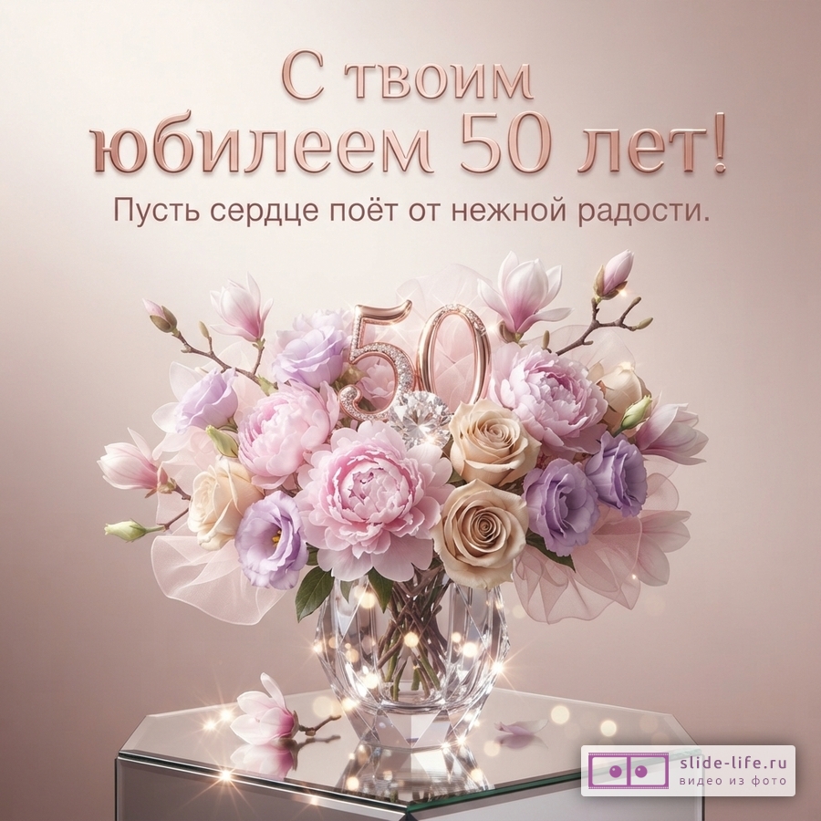 Открытка с юбилеем 50 лет. Фон бежевый. В центре букет цветов: пионы, розы, эустомы, магнолии. В букете цифры «50» и кристаллы. Ваза прозрачная с подсветкой. Текст «С твоим юбилеем 50 лет! Пусть сердце поёт от нежной радости.»