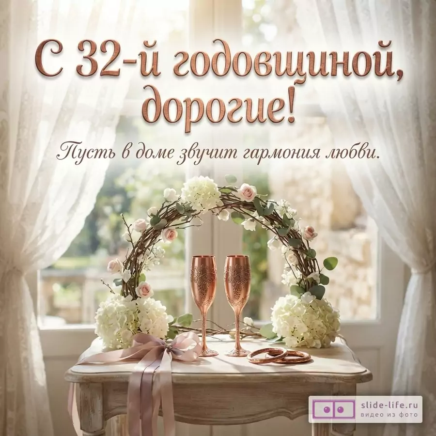 Светлый фон, окно, белые шторы. На переднем плане стол, на нем венок из цветов, два медных бокала, медные браслеты. Текст «С 32-й годовщиной, дорогие! Пусть в доме звучит гармония любви.»