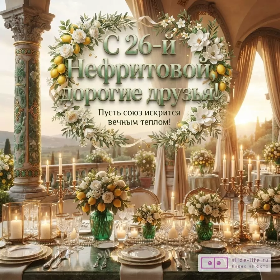 Праздничная открытка в зелено-золотых тонах с цветочными венками, лимонами, свечами и сервированным столом. Текст: «С 26-й Нефритовой, дорогие друзья! Пусть союз искрится вечным теплом!»