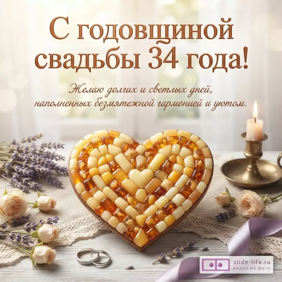 Открытка с бежевым фоном, на переднем плане сердце из янтаря, свеча, лаванда, розы, обручальные кольца. Надпись «С годовщиной свадьбы 34 года! Желаю долгих и светлых дней, наполненных безмятежной гармонией и уютом.»