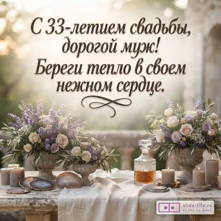 Фон размытый, светлый, с зеленью. На переднем плане стол с белой скатертью, на нем две вазы с цветами сиреневых и белых оттенков, графин с янтарной жидкостью, свечи, срезы камней. Текст «С 33-летием свадьбы, дорогой муж! Береги тепло в своем нежном сердце.»