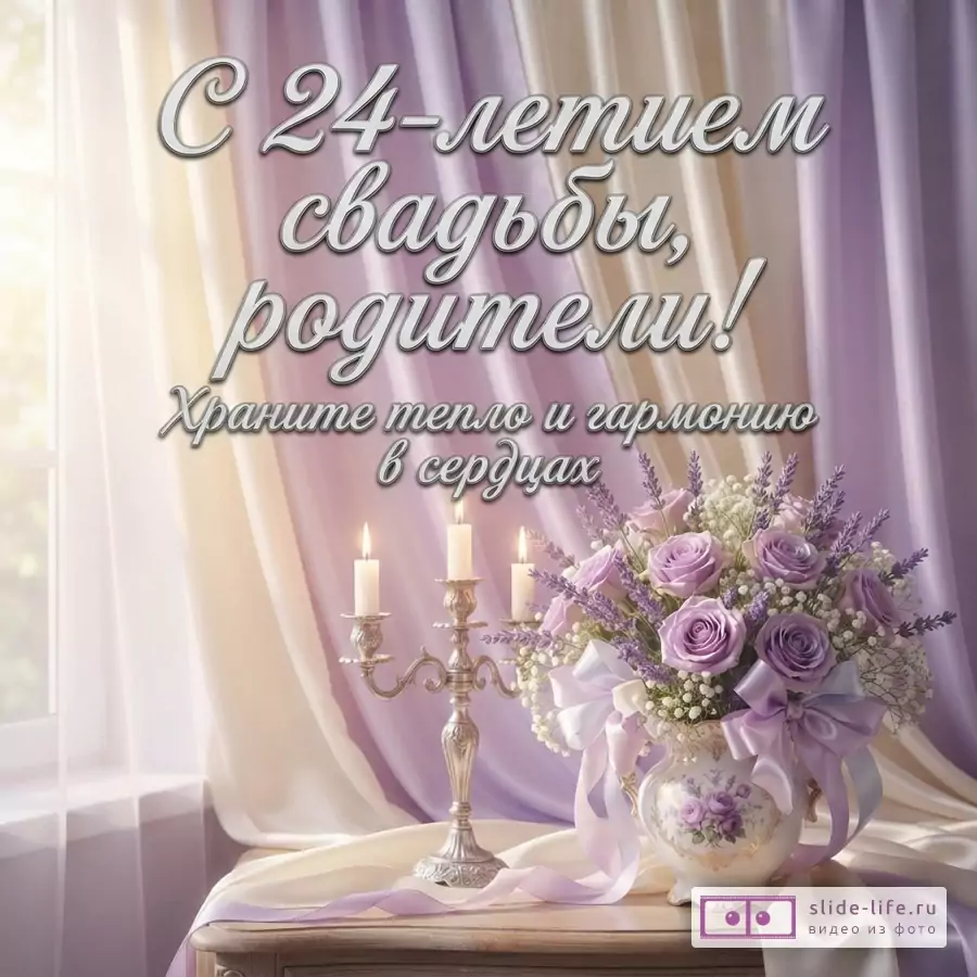 Букет сиреневых роз в вазе и подсвечник со свечами на фоне атласных штор, надпись «С 24-летием свадьбы, родители! Храните тепло и гармонию в сердцах».