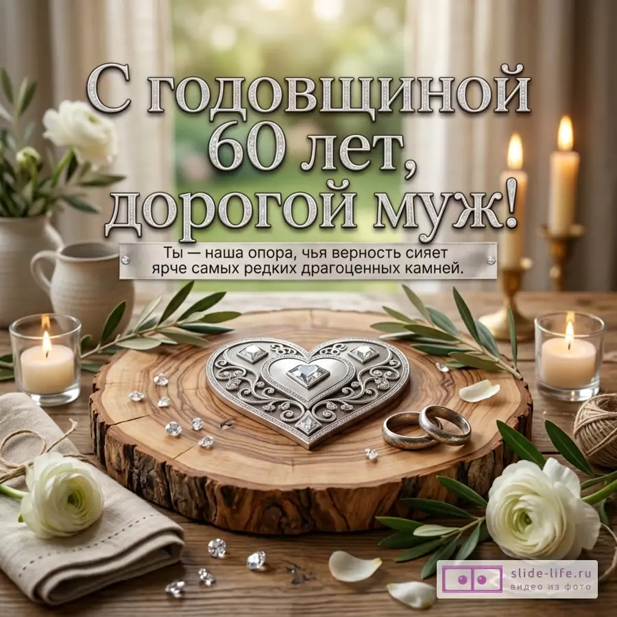 Открытка с текстом «С годовщиной 60 лет, дорогой муж! Ты — наша опора, чья верность сияет ярче самых редких драгоценных камней.», деревянный стол, свечи, белые цветы, кольца, сердце с узором