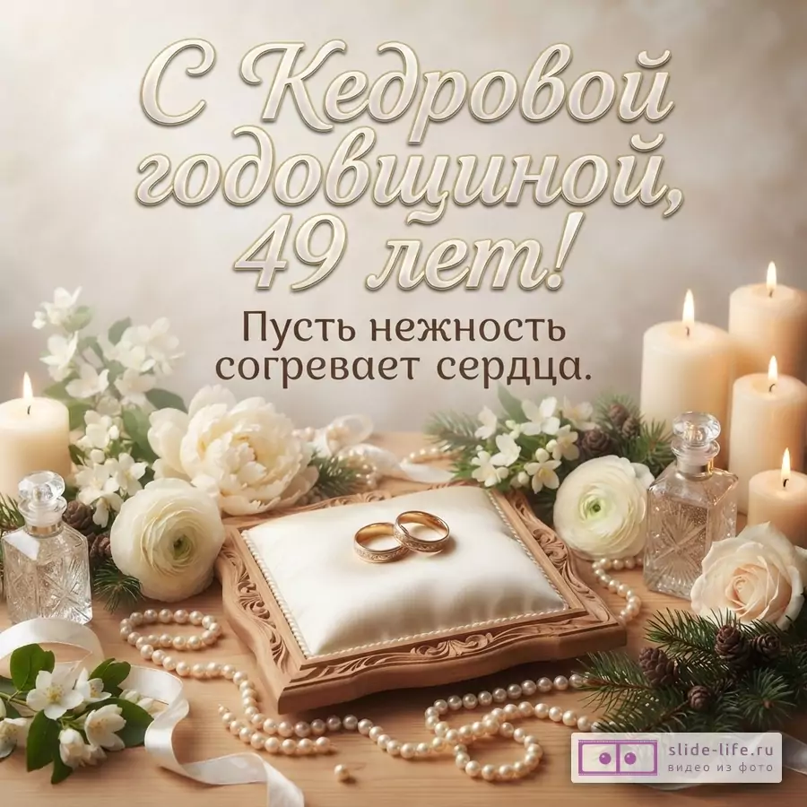 Светлый фон, свечи, цветы, жемчуг, два золотых кольца на подушечке. Текст: «С Кедровой годовщиной, 49 лет! Пусть нежность согревает сердца.»