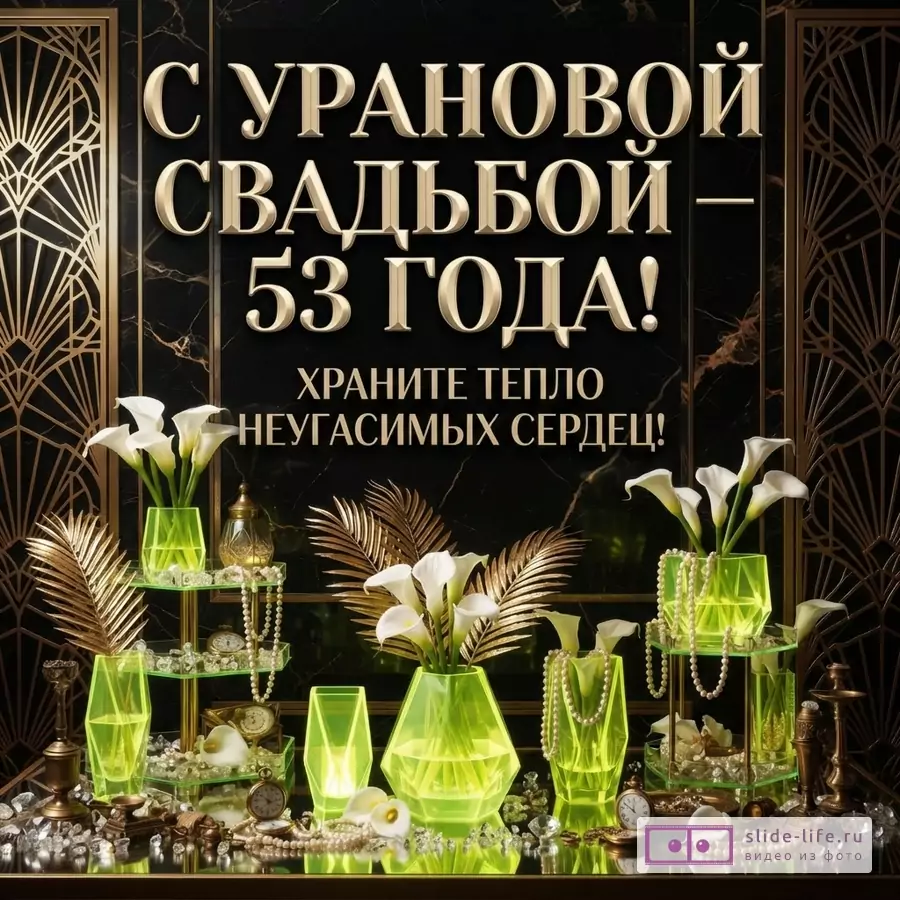 Черный фон с золотыми элементами ар-деко, неоновые зеленые вазы с белыми каллами, жемчуг, золотые листья. Текст: «С УРАНОВОЙ СВАДЬБОЙ – 53 ГОДА! ХРАНИТЕ ТЕПЛО НЕУГАСИМЫХ СЕРДЕЦ!»