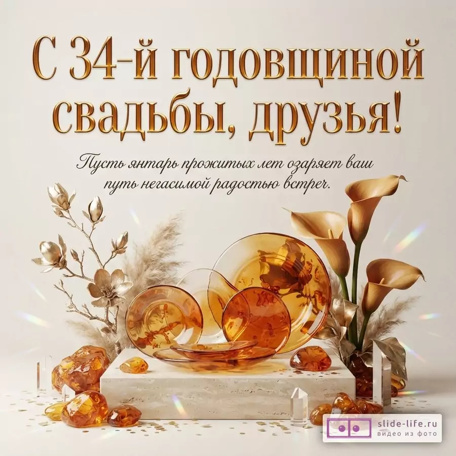 Бежевый фон, золотые буквы, янтарные тарелки, цветы каллы, янтарные камни. Текст: «С 34-й годовщиной свадьбы, друзья! Пусть янтарь прожитых лет озаряет ваш путь негасимой радостью встреч.»