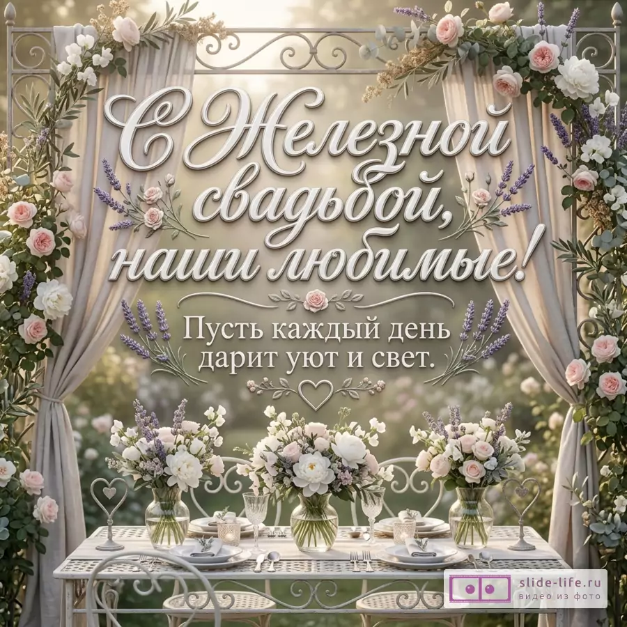 Светлый фон с садовой беседкой, бежевыми шторами, кованой аркой, цветочными композициями, столом с вазами и текстом «С Железной свадьбой, наши любимые! Пусть каждый день дарит уют и свет.»
