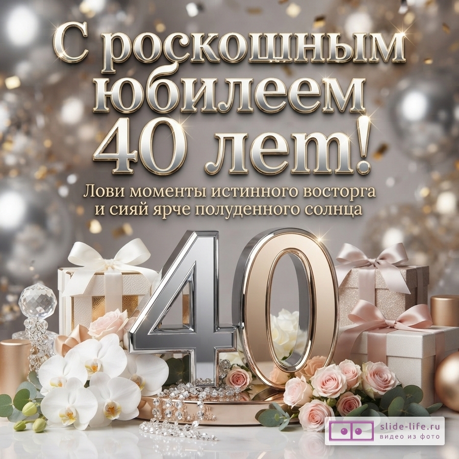 Открытка с серым фоном, золотистыми и серебристыми шарами, конфетти. В центре надпись «С роскошным юбилеем 40 лет! Лови моменты истинного восторга и сияй ярче полуденного солнца». Внизу композиция из цифр 40, цветов, подарков и украшений.