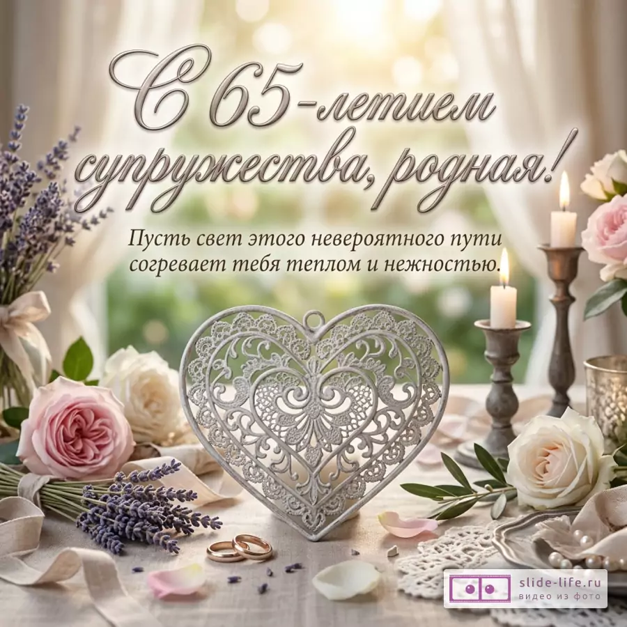 Открытка с текстом «С 65-летием супружества, родная! Пусть свет этого невероятного пути согревает тебя теплом и нежностью.», светлый бежевый фон, розы, лаванда, свечи, декоративное сердце, кольца