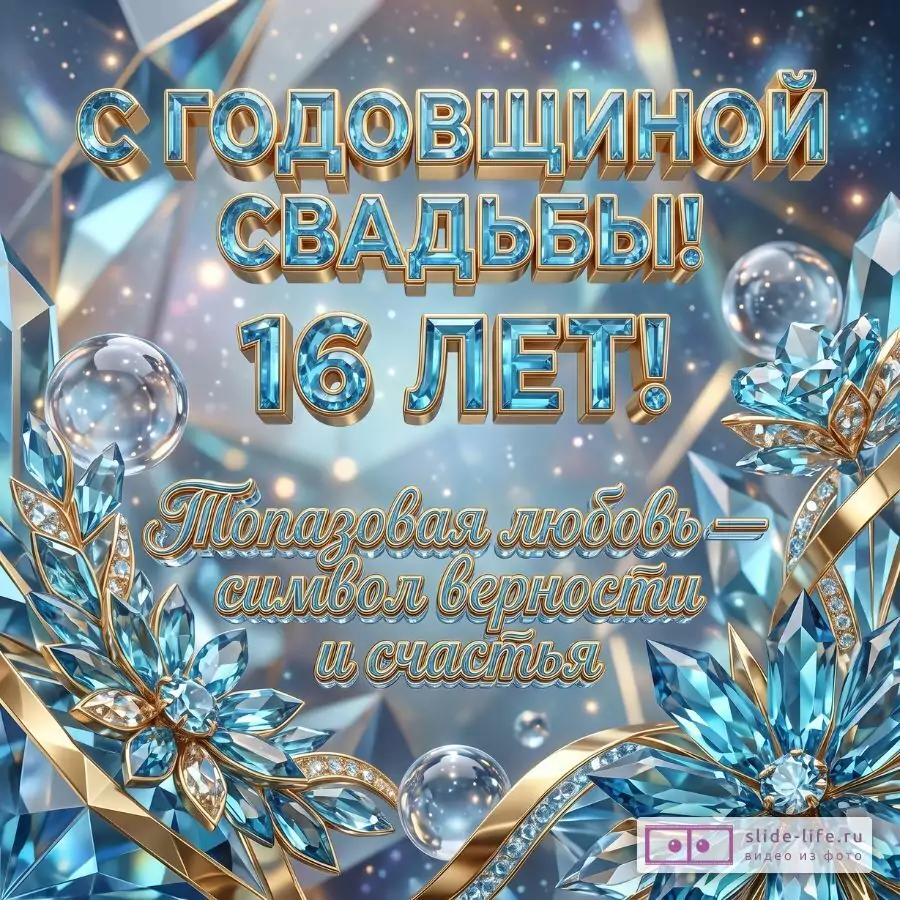 Синевато-голубой фон с золотыми и кристальными цветами, шарами и лентами. Текст: «С ГОДОВЩИНОЙ СВАДЬБЫ! 16 ЛЕТ! Топазовая любовь — символ верности и счастья».