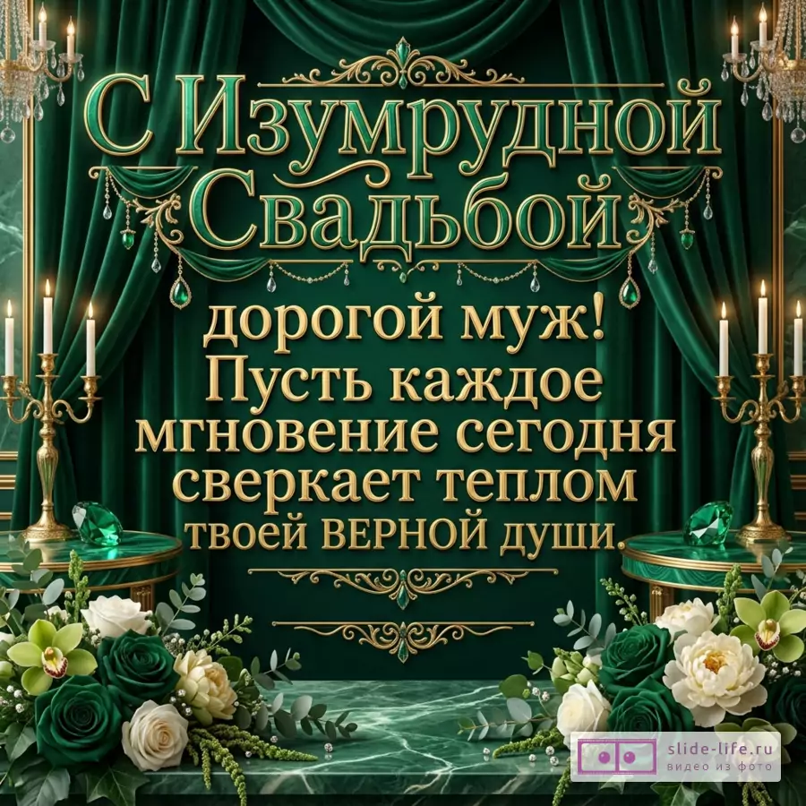 Открытка в изумрудно-зеленых и золотых тонах, бархатные шторы, канделябры со свечами, изумруды, белые и зеленые розы, орхидеи, текст «С Изумрудной Свадьбой дорогой муж! Пусть каждое мгновение сегодня сверкает теплом твоей верной души.»