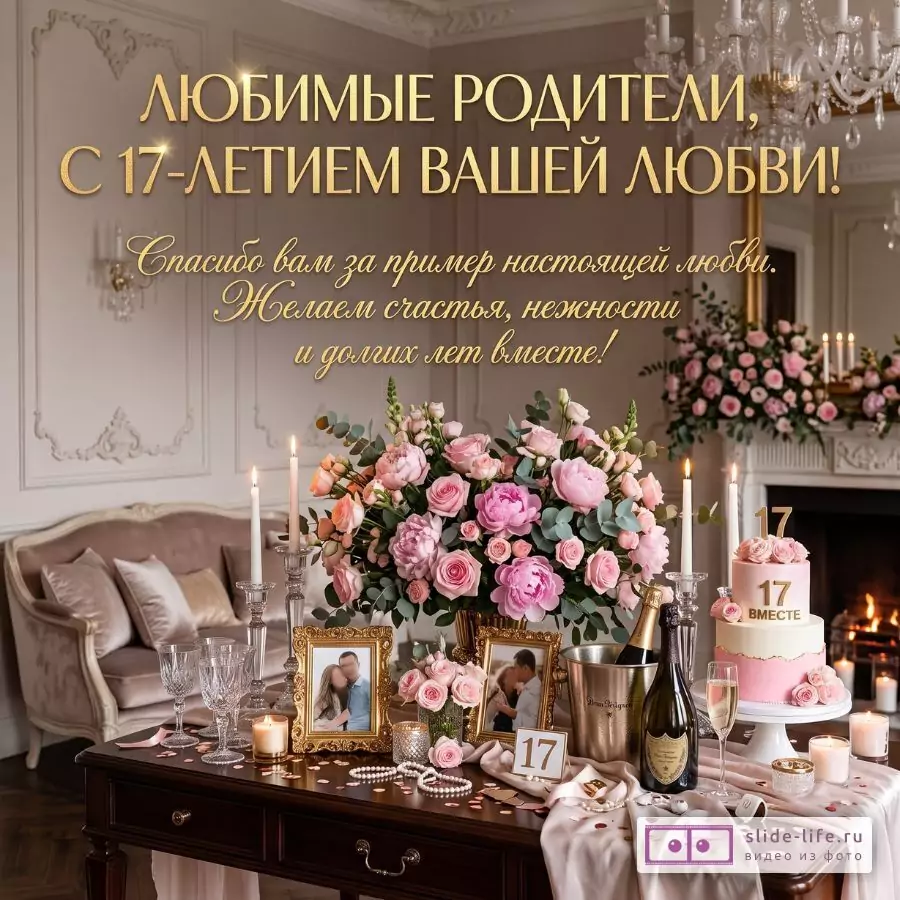 Бежево-розовый интерьер со свечами, цветами, тортом и фото. Текст: «ЛЮБИМЫЕ РОДИТЕЛИ, С 17-ЛЕТИЕМ ВАШЕЙ ЛЮБВИ! Спасибо вам за пример настоящей любви. Желаем счастья, нежности и долгих лет вместе!»