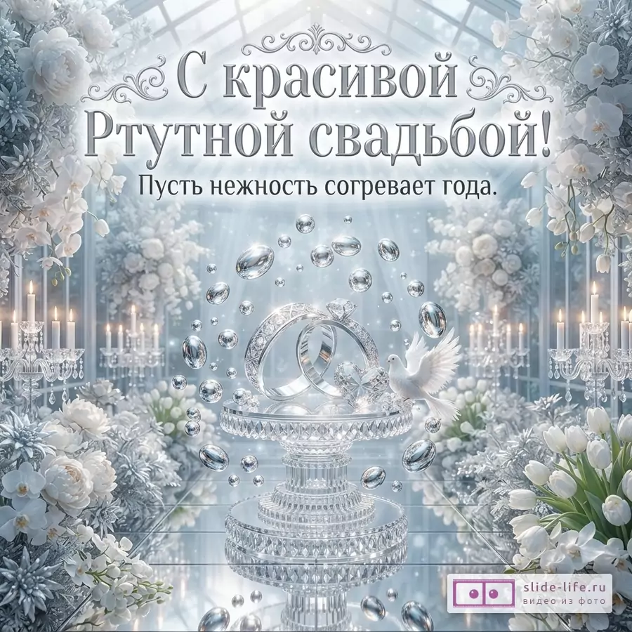 Светлый фон, белые цветы, свечи, обручальные кольца, голубь, капли воды. Надпись: «С красивой Ртутной свадьбой! Пусть нежность согревает года.»