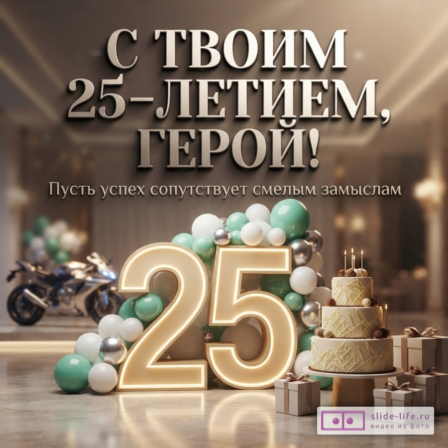 Открытка на юбилей 25 лет мужчине со светящейся цифрой 25, тортом, подарками, мотоциклом и текстом «С ТВОИМ 25-ЛЕТИЕМ, ГЕРОЙ! Пусть успех сопутствует смелым замыслам».