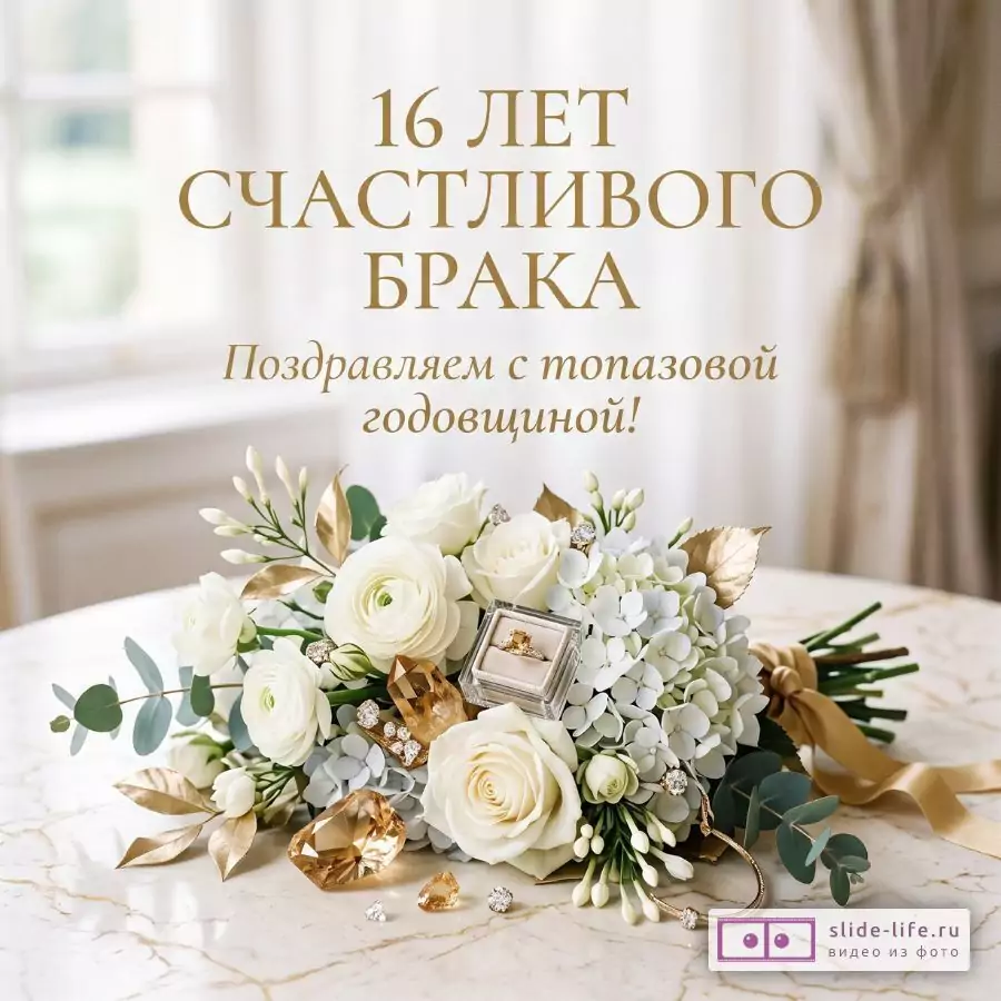 Светлый бежево-белый фон, букет белых роз и гортензии с золотыми листьями, кольцо в коробочке и топазовые камни. Текст: «16 ЛЕТ СЧАСТЛИВОГО БРАКА Поздравляем с топазовой годовщиной!»