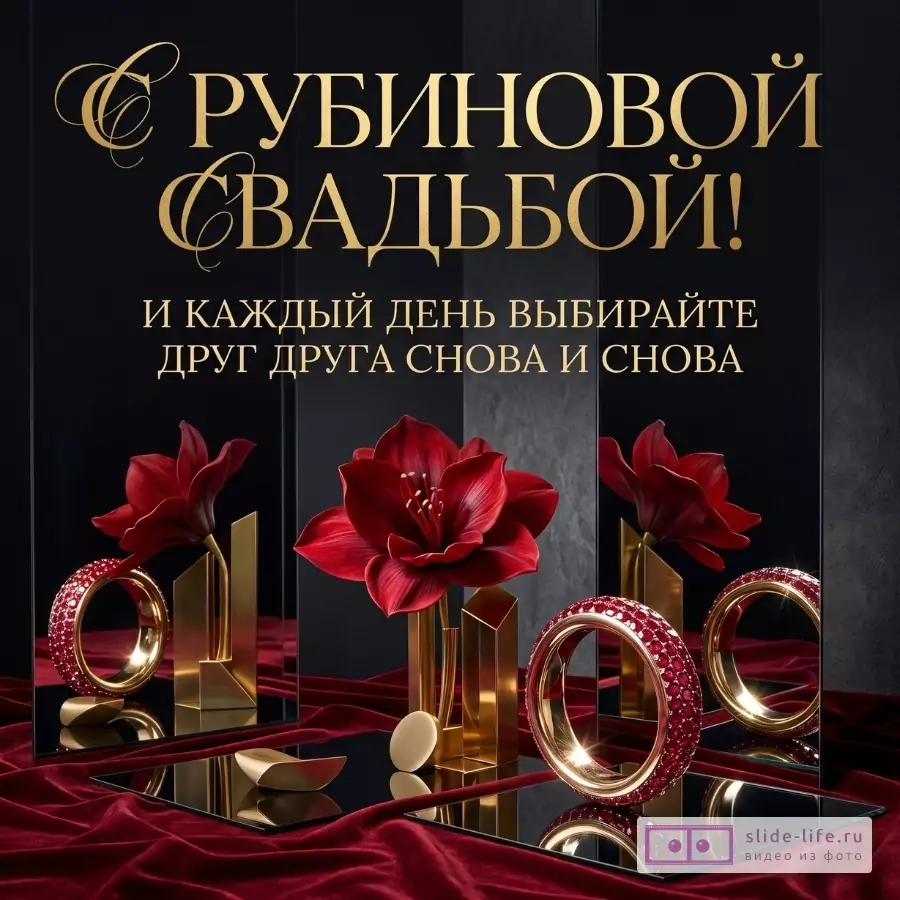 Черно-серый фон, бордовая ткань, красные цветы, золотые геометрические фигуры и кольца с рубиновым декором. Текст: «С РУБИНОВОЙ СВАДЬБОЙ! И КАЖДЫЙ ДЕНЬ ВЫБИРАЙТЕ ДРУГ ДРУГА СНОВА И СНОВА»