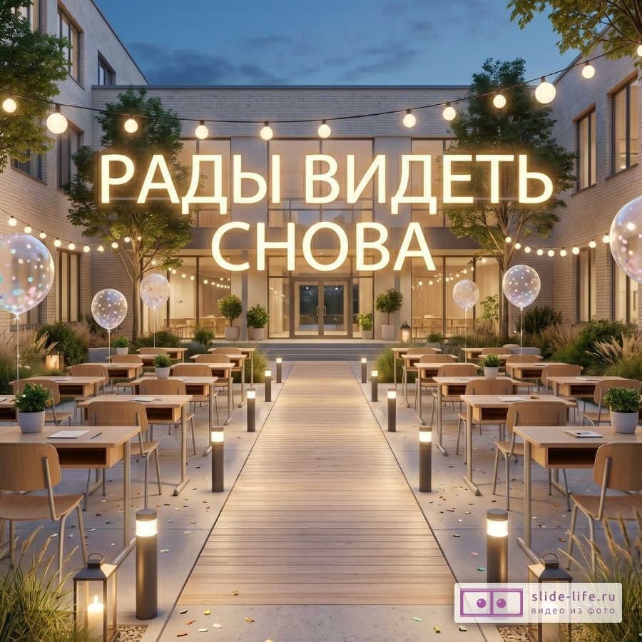 Открытка на встречу выпускников школы — рады видеть снова, школьный двор вечером
