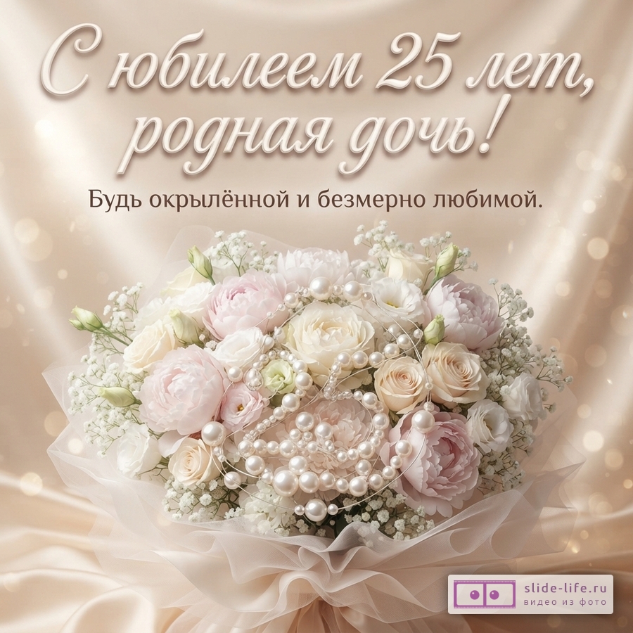 Букет из белых и розовых роз с пионами и жемчужными бусами на бежевом атласном фоне с текстом «С юбилеем 25 лет, родная дочь! Будь окрылённой и безмерно любимой.»