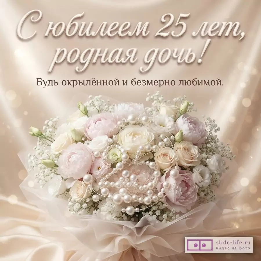 Букет из белых и розовых роз с пионами и жемчужными бусами на бежевом атласном фоне с текстом «С юбилеем 25 лет, родная дочь! Будь окрылённой и безмерно любимой.»