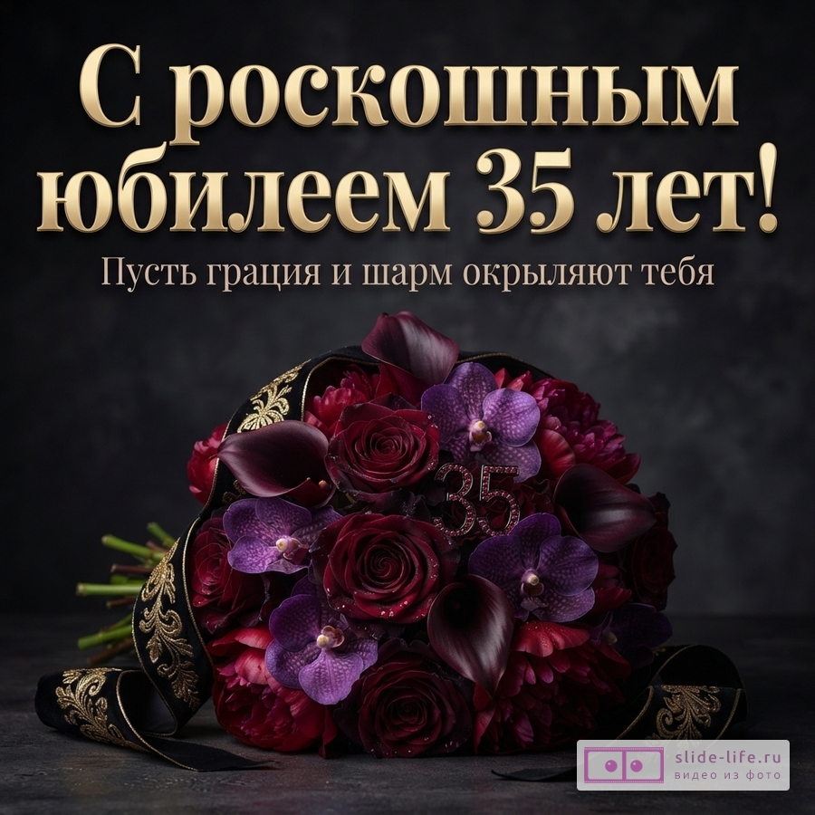 Букет из бордовых роз, калл и фиолетовых орхидей с черной лентой на темном фоне и надпись «С роскошным юбилеем 35 лет! Пусть грация и шарм окрыляют тебя».