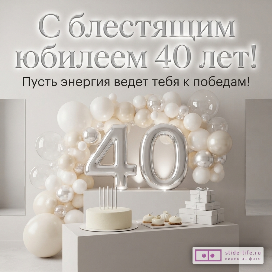 Открытка с белым фоном. Вверху надпись «С блестящим юбилеем 40 лет! Пусть энергия ведет тебя к победам!». Внизу композиция из белых и бежевых шаров, серебряные цифры 40, белый торт со свечами, пирожные и подарочные коробки.