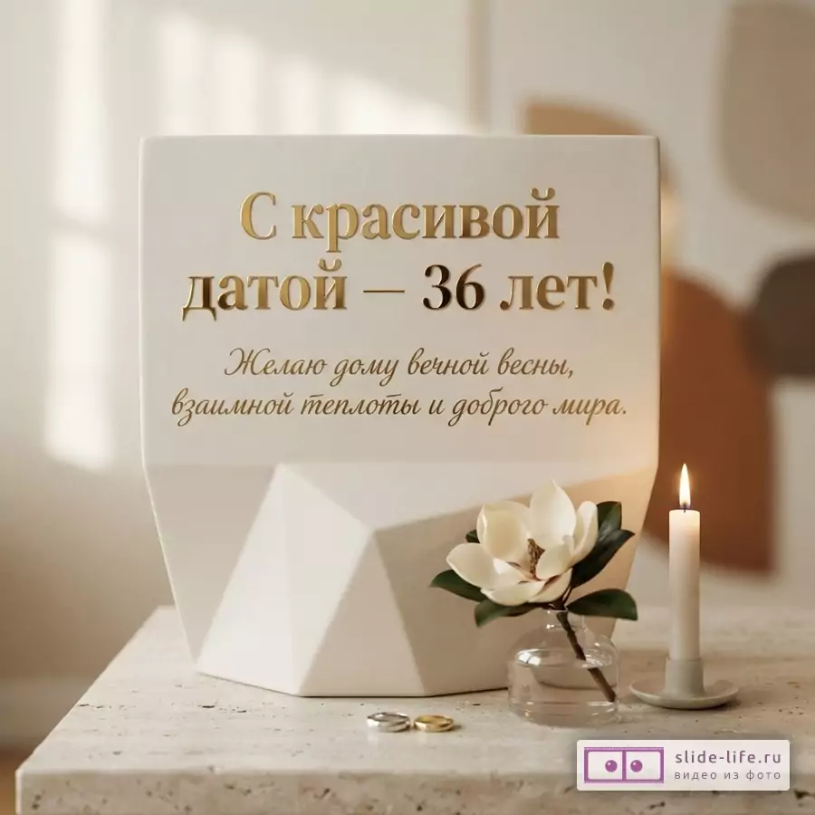 Белая открытка с золотым текстом «С красивой датой — 36 лет! Желаю дому вечной весны, взаимной теплоты и доброго мира.». Рядом белая свеча и цветок магнолии в вазе, два кольца.