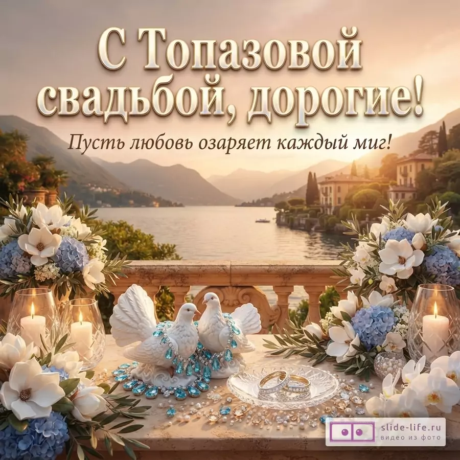 Фон с озером и горами на закате, на переднем плане балкон с цветами, свечами, двумя белыми голубями с голубыми камнями и обручальными кольцами. Текст «С Топазовой свадьбой, дорогие! Пусть любовь озаряет каждый миг!»