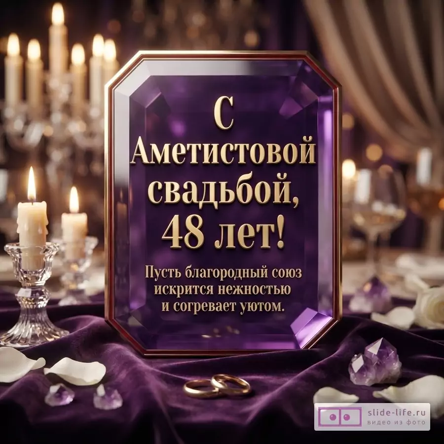 Фиолетовый фон, золотая рамка, текст «С Аметистовой свадьбой, 48 лет! Пусть благородный союз искрится нежностью и согревает уютом.»