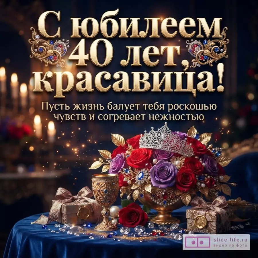 Темный фон, золотые буквы, свечи. Надпись «С юбилеем 40 лет, красавица!» и «Пусть жизнь балует тебя роскошью чувств и согревает нежностью». На переднем плане букет роз с короной, бокал, подарки и рассыпанные камни на синей скатерти.