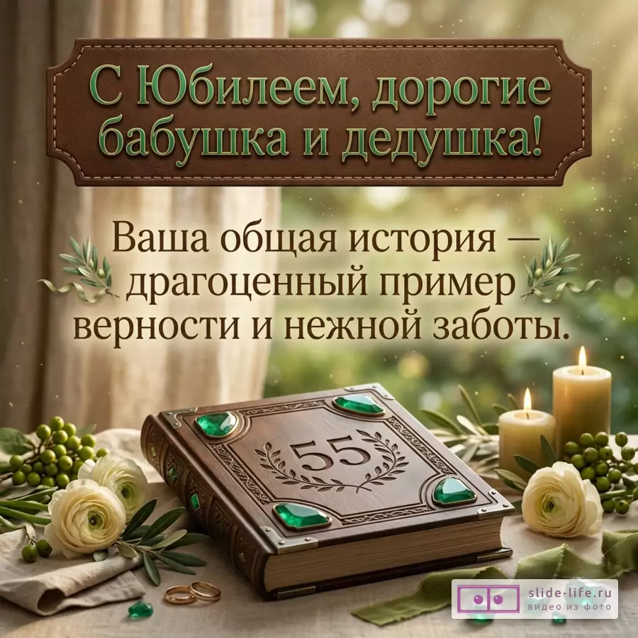 Коричневая открытка с бежево-зеленым фоном, книга с числом «55», свечи, белые цветы, оливковые ветви, кольца, зеленые камни, текст «С Юбилеем, дорогие бабушка и дедушка! Ваша общая история — драгоценный пример верности и нежной заботы.»