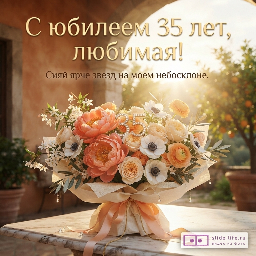 Букет персиковых, белых и оранжевых цветов с цифрой «35» на мраморном столе, на заднем плане арка и деревья. Текст: «С юбилеем 35 лет, любимая! Сияй ярче звезд на моем небосклоне.»