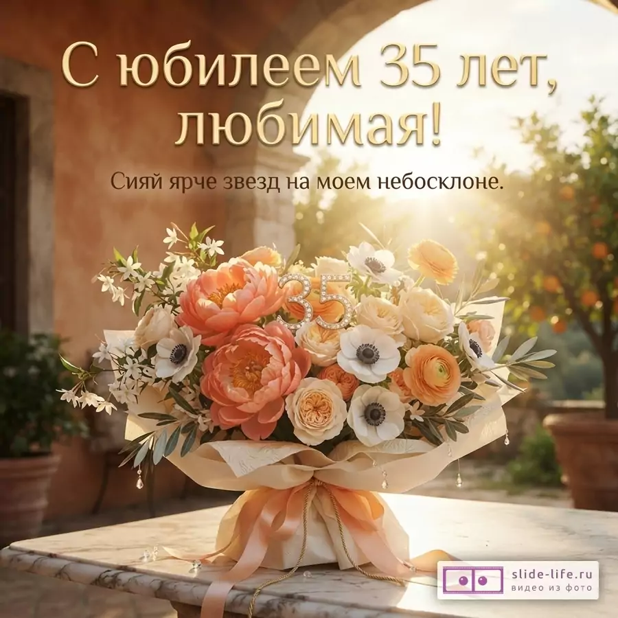 Букет персиковых, белых и оранжевых цветов с цифрой «35» на мраморном столе, на заднем плане арка и деревья. Текст: «С юбилеем 35 лет, любимая! Сияй ярче звезд на моем небосклоне.»