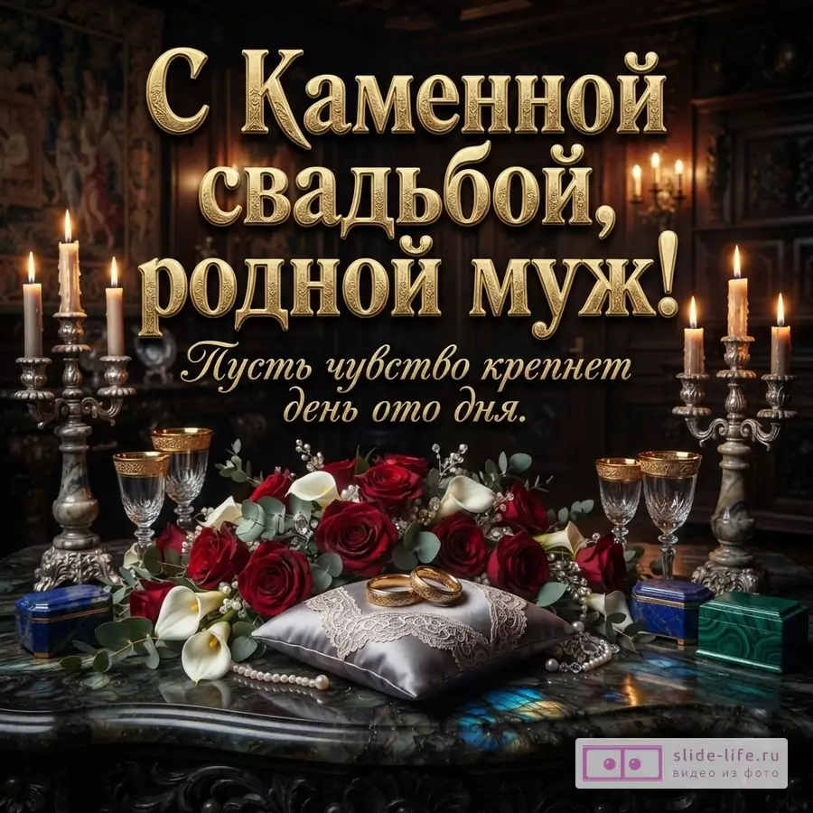 Открытка с золотыми буквами на темном фоне, свечи в подсвечниках, букет красных роз и белых калл, обручальные кольца на подушечке. Текст: «С Каменной свадьбой, родной муж! Пусть чувство крепнет день ото дня.»