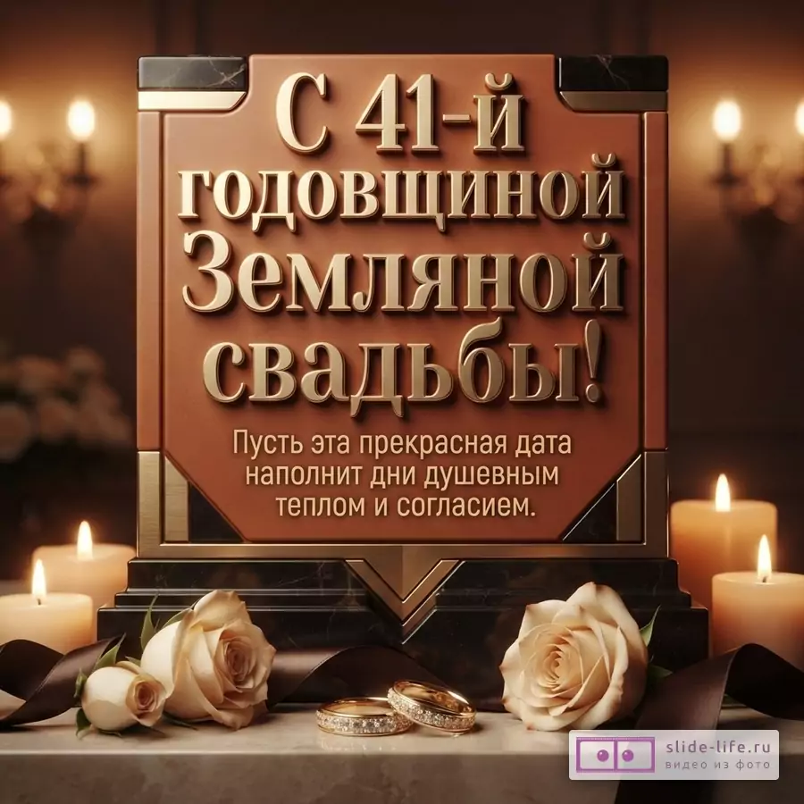 Коричневая табличка с золотыми буквами на темном фоне, свечи, розы, обручальные кольца. Текст: «С 41-й годовщиной Земляной свадьбы! Пусть эта прекрасная дата наполнит дни душевным теплом и согласием.»