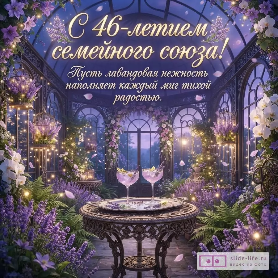 Фиолетовый фон, оранжевые буквы, лавандовые цветы, два бокала на столе. Текст: «С 46-летием семейного союза! Пусть лавандовая нежность наполняет каждый миг тихой радостью.»